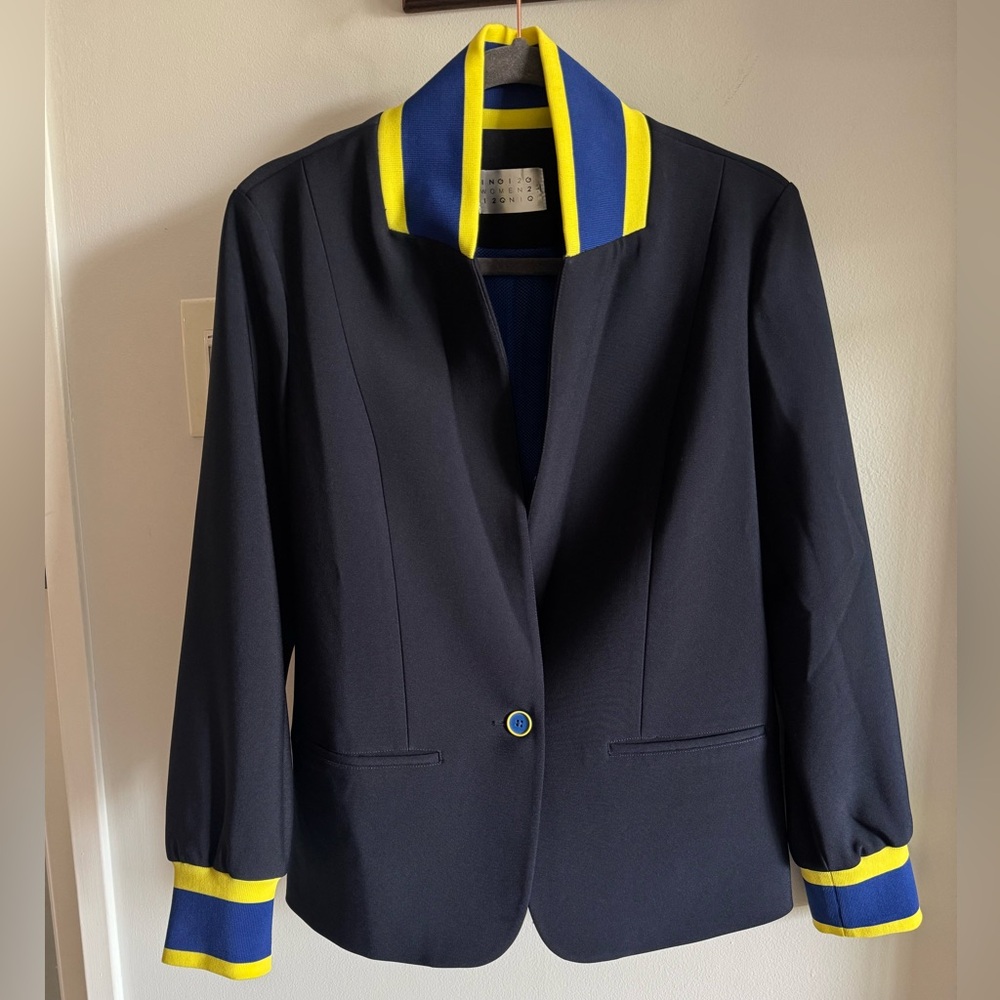 ING2ING Women’s Navy Blue w Neon Yellow Spory Chic Blazer Jacket Sz Med / Lrg